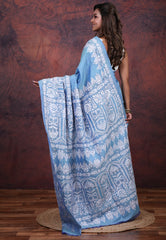 Sky Blue Pure Tussar Kantha Silk Saree With Blouse Piece - Adi Akshoy & Co.