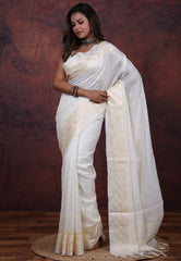 White Tussar Kantha Silk Saree With Blouse Piece - Adi Akshoy & Co.
