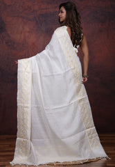 White Tussar Kantha Silk Saree With Blouse Piece - Adi Akshoy & Co.