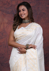 White Tussar Kantha Silk Saree With Blouse Piece - Adi Akshoy & Co.
