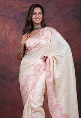 Off White Tussar Kantha Silk Saree With Blouse Piece - Adi Akshoy & Co.