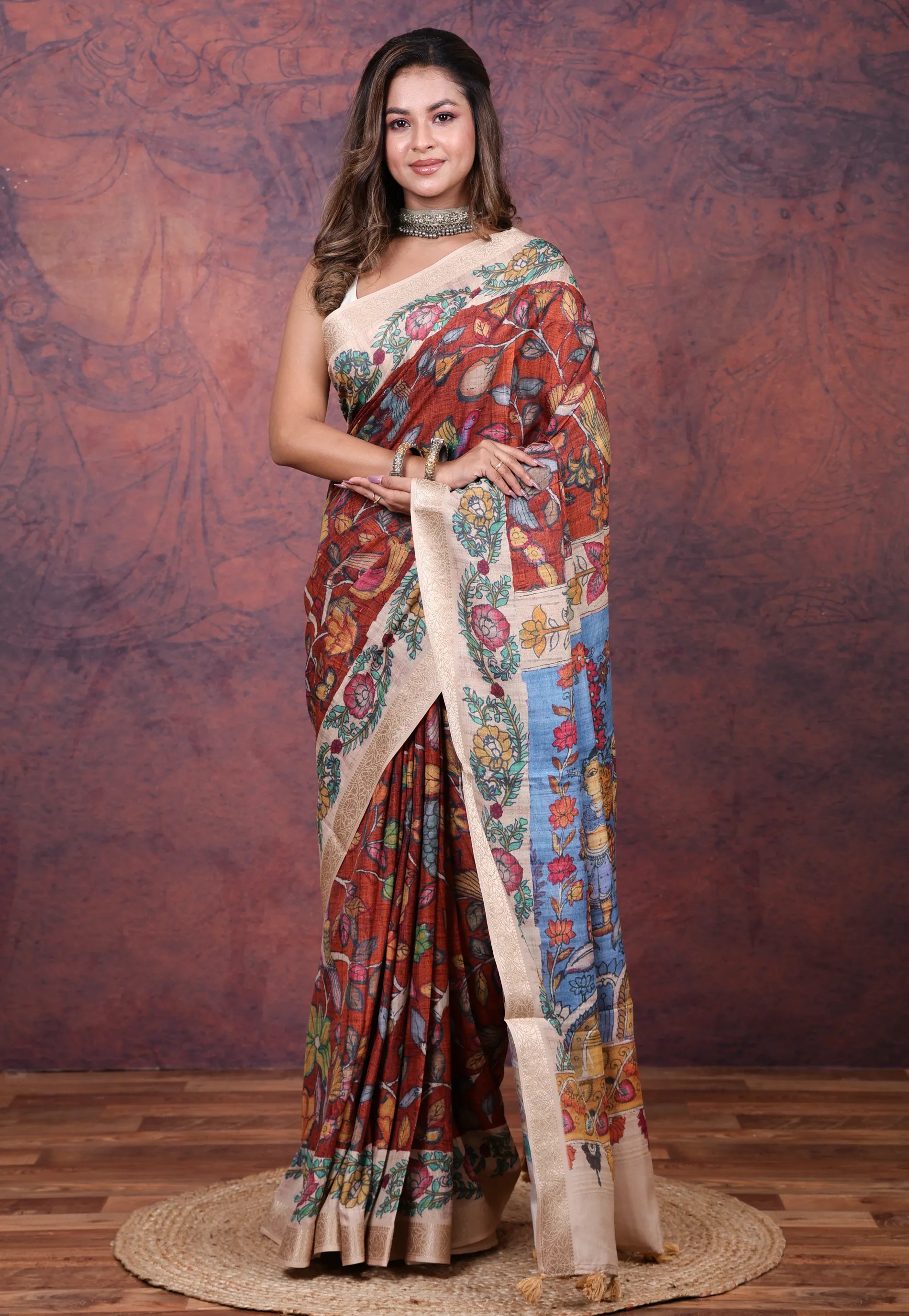 Maroon Tussar Kalamkari Silk Saree with Blouse Piece - Adi Akshoy & Co.