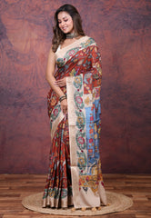 Maroon Tussar Kalamkari Silk Saree with Blouse Piece - Adi Akshoy & Co.