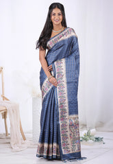 Navy Blue Tussar Silk Saree with Blouse Piece – Adi Akshoy & Co.