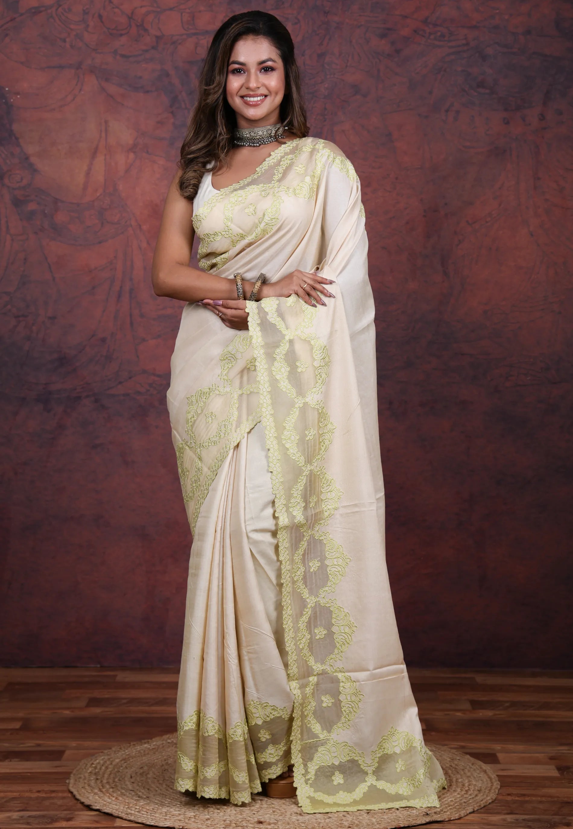 Cream Pure Tussar Kantha Silk Saree With Blouse Piece - Adi Akshoy & Co.