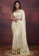 Cream Pure Tussar Kantha Silk Saree With Blouse Piece - Adi Akshoy & Co.