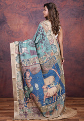 Sea Blue Tussar Kalamkari Silk Saree with Blouse Piece - Adi Akshoy & Co.