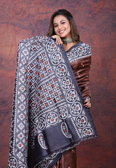 Brown Pure Tussar Kantha Silk Saree With Blouse Piece - Adi Akshoy & Co.