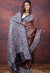 Brown Pure Tussar Kantha Silk Saree With Blouse Piece - Adi Akshoy & Co.