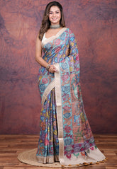 Multi Colour Tussar Kalamkari Silk Saree with Blouse Piece - Adi Akshoy & Co.