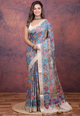Multi Colour Tussar Kalamkari Silk Saree with Blouse Piece - Adi Akshoy & Co.