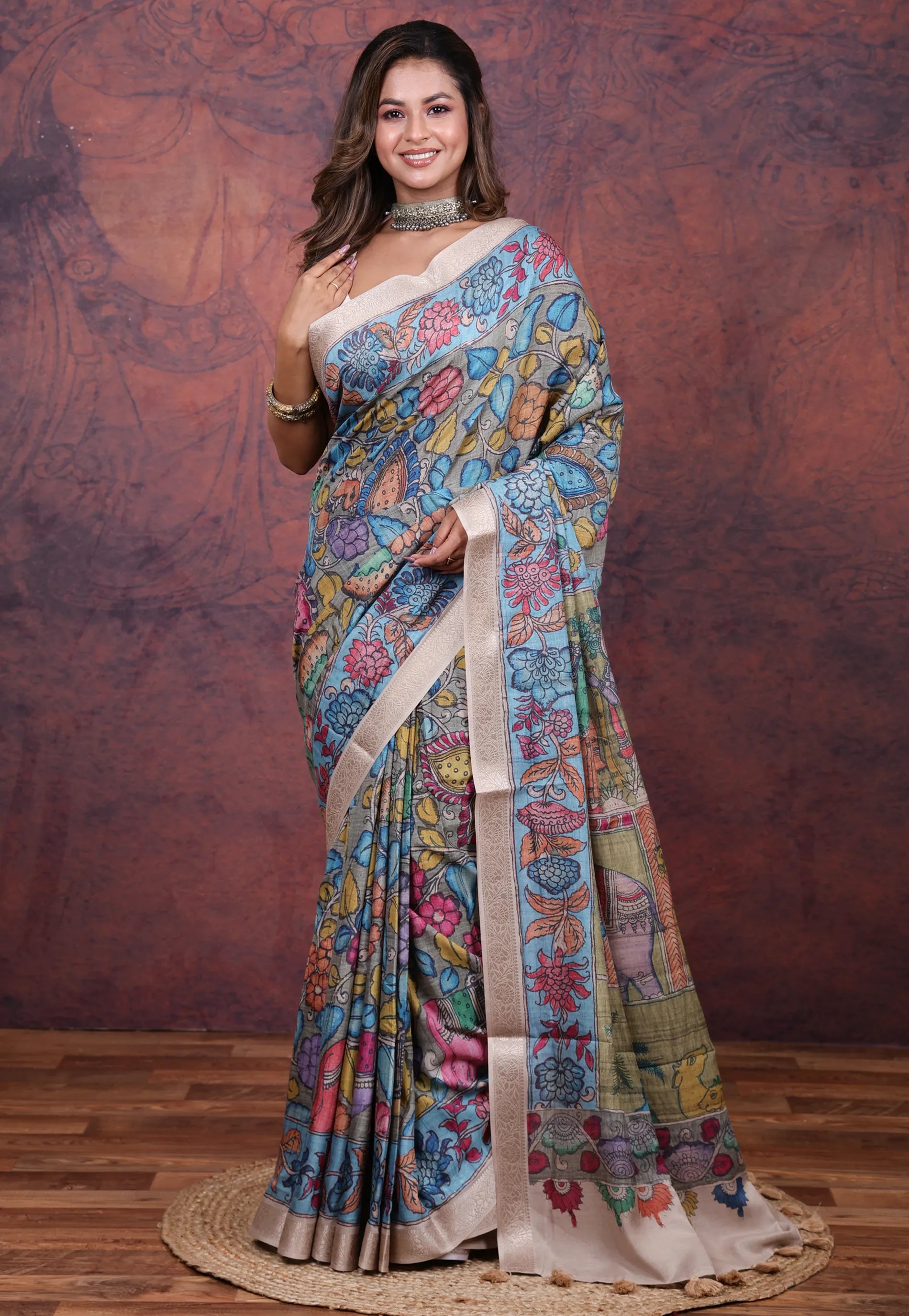 Multi Colour Tussar Kalamkari Silk Saree with Blouse Piece - Adi Akshoy & Co.