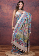 Multi Colour Tussar Kalamkari Silk Saree with Blouse Piece - Adi Akshoy & Co.