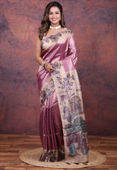 Onion Pink Tussar Kalamkari Silk Saree with Blouse Piece - Adi Akshoy & Co.