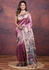 Onion Pink Tussar Kalamkari Silk Saree with Blouse Piece - Adi Akshoy & Co.