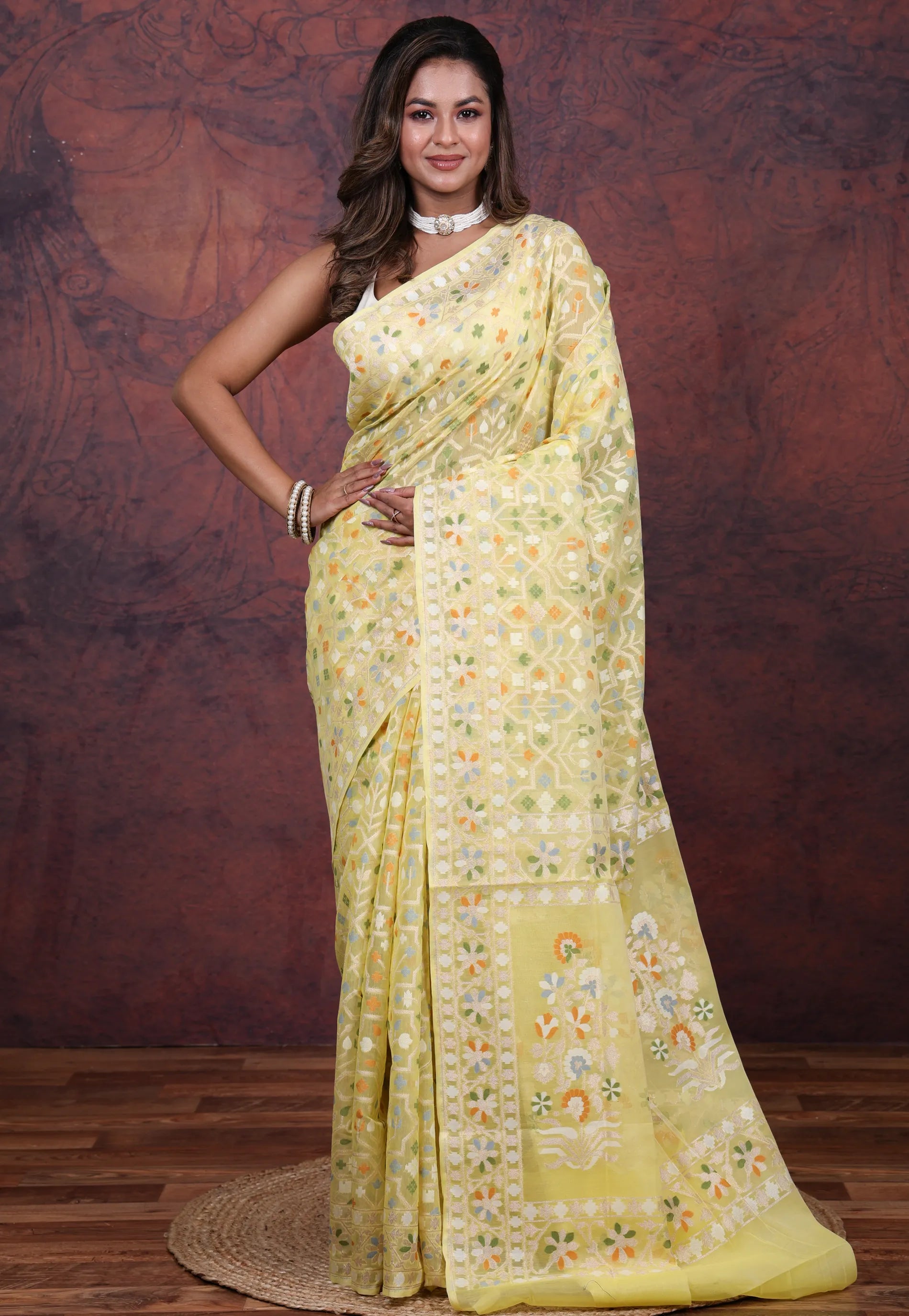 Light Lemon Yellow Kora Silk Saree with Blouse Piece - Adi Akshoy & Co.