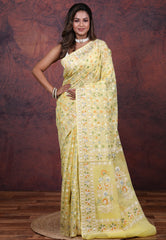 Light Lemon Yellow Kora Silk Saree with Blouse Piece - Adi Akshoy & Co.