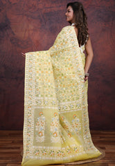 Light Lemon Yellow Kora Silk Saree with Blouse Piece - Adi Akshoy & Co.