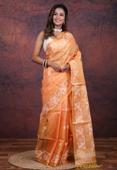 Orange Pure Tussar Dhakai Jamdani Saree with Blouse Piece - Adi Akshoy & Co.