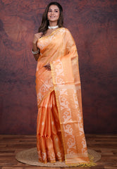Orange Pure Tussar Dhakai Jamdani Saree with Blouse Piece - Adi Akshoy & Co.