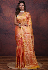 Orange Pure Tussar Dhakai Jamdani Saree with Blouse Piece - Adi Akshoy & Co.