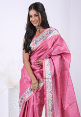 Onion Pink Tussar Silk Saree with Blouse Piece – Adi Akshoy & Co.