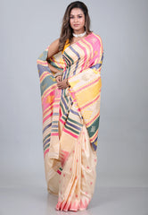 Peach Behrampur Ikkat Silk Saree With Blouse Piece - Adi Akshoy & Co.