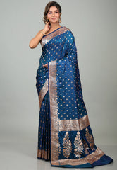 Peacock Blue Wedding Banarasi Silk Saree with Blouse Piece - Adi Akshoy & Co.