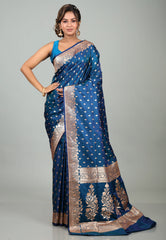 Peacock Blue Wedding Banarasi Silk Saree with Blouse Piece - Adi Akshoy & Co.