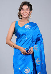 Cross Blue Pure Katan Silk Saree with Blouse Piece - Adi Akshoy & Co.