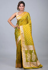 Cross Olive Pastel Banarasi Saree With Blouse Piece - Adi Akshoy & Co.
