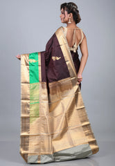 Deep Brown Kanjivaram Silk Saree with Blouse Piece - Adi Akshoy & Co.