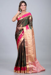 Cross Brown Kanjivaram Silk Saree with Blouse Piece - Adi Akshoy & Co.