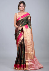 Cross Brown Kanjivaram Silk Saree with Blouse Piece - Adi Akshoy & Co.