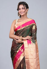 Cross Brown Kanjivaram Silk Saree with Blouse Piece - Adi Akshoy & Co.