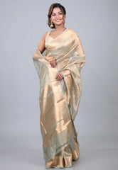 Cross Golden Pure Tissue Katan Silk Saree with Blouse Piece - Adi Akshoy & Co.