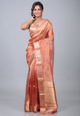 Peach Pure Tissue Katan Silk Saree with Blouse Piece - Adi Akshoy & Co.
