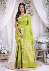 Parrot Green Pure Kanjivaram Silk Saree with Blouse Piece - Adi Akshoy & Co.