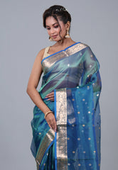 Cross Blue Pure Tissue Katan Silk Saree with Blouse Piece - Adi Akshoy & Co.