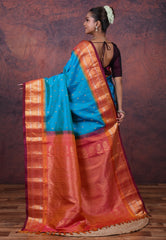 Turquoise Blue Pure Gadwal Silk Saree With Blouse Piece - Adi Akshoy & Co.