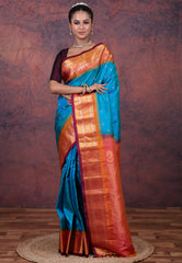 Turquoise Blue Pure Gadwal Silk Saree With Blouse Piece - Adi Akshoy & Co.