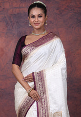 Off White Mashru Silk Saree with Blouse Piece - Adi Akshoy & Co.