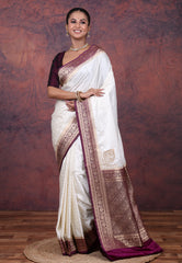 Off White Mashru Silk Saree with Blouse Piece - Adi Akshoy & Co.