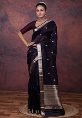 Deep Navy Blue Pure Kora Silk Saree with Blouse Piece - Adi Akshoy & Co.