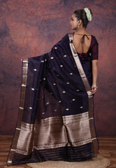 Deep Navy Blue Pure Kora Silk Saree with Blouse Piece - Adi Akshoy & Co.