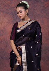 Deep Navy Blue Pure Kora Silk Saree with Blouse Piece - Adi Akshoy & Co.