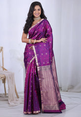 Cross Magenta with Zari work Pure Kanjivaram Silk Saree with Blouse Piece – Adi Akshoy & Co.