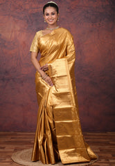 Golden Brocade Tissue Kanjivaram Silk Saree With Blouse Piece - Adi Akshoy & Co.