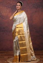 Silver Brocade Pure Tissue Kanjivaram Silk Saree With Blouse Piece - Adi Akshoy & Co.