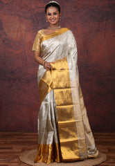 Silver Brocade Pure Tissue Kanjivaram Silk Saree With Blouse Piece - Adi Akshoy & Co.